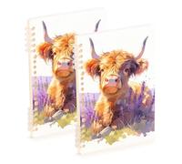 Amooorous A5 size Lovely Brown Scottish Highland Cattle with Lavender college notebooks 8.3" x 5.7", wire-bound subject notebooks college ruled 60 sheets for school&office 2 pack