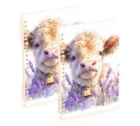 Amooorous A5 size Lovely Brown Scottish Highland Cattle with Lavender notebook wide ruled 8.3" x 5.7", sturdy subject college ruled notebook 60 sheets for school&office 2 pack