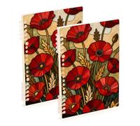 Amooorous A5 size Poppy Red Flower Stained Art college notebooks 8.3" x 5.7", sturdy subject spiral notebook college 60 sheets for diary&to do list 2 pack