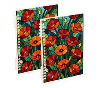 Amooorous A5 size Poppy Red Flower Stained Art notebooks college 8.3" x 5.7", wire-bound college ruled spiral notebook 60 sheets for travel&writing 2 pack