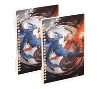 Amooorous A5 size Red and Blue Ice and Fire Phoenix lined notebook 8.3" x 5.7", wire-bound subject college ruled spiral 60 sheets for working&classroom 2 pack