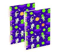 Amooorous A5 size Space Aliens and Astronauts on Purple Background subject notebook 8.3" x 5.7", hard cover subject college ruled spiral 60 sheets for school&office 2 pack