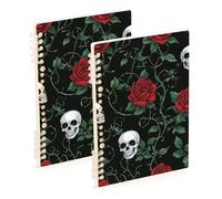 Amooorous A5 size Valentine Romantic Red Rose Skull notebook wide ruled 8.3" x 5.7", hard cover subject spiral notebook college 60 sheets for travel&writing 2 pack