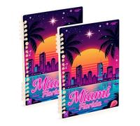Amooorous A5 size Vintage Miami Beach Retro college notebook 8.3" x 5.7", hard cover composition notebook wide ruled 60 sheets for working&classroom 2 pack