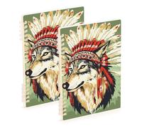 Amooorous A5 size Western Cowboy Indian Headdress Tribal Wolf Green college notebook 8.3" x 5.7", hard cover college ruled spiral notebook 60 sheets for working&classroom 2 pack