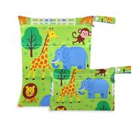 Amooorous Animal Zoo Giraffe Elephant Monkey washable wet diaper bag 2 Pack wet bag for swimsuit with handles for daycare, yoga
