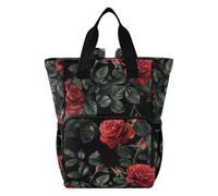 Amooorous Baby Diaper Bag Backpack Large Diaper Bags Unisex for Travel Black Background Red Roses Green Leaves