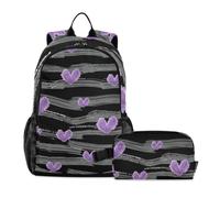Amooorous Backpack And Lunch Bag Set For Teen Girls Black Striped Purple Hearts age 8-10 years old