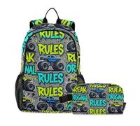 Amooorous Backpack And Lunch Bag Set For Teen Girls monsters Trucks Big Power Comic Style Seamless Pattern 7-10