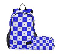 Amooorous Backpack And Lunch Box For Boys Buffalo Plaid Check White Blue Heart 9-10 years