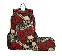 Amooorous Backpack And Lunch Box For Boys Gothic Rock'n'roll Skulls Red Roses age 8-10 years old