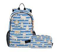 Amooorous Backpack For School And Lunch Bag Blue White Striped Bear 7-10
