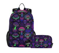 Amooorous Backpack With Lunchbox For Boys Neon Psychedelic Mushroom & Skull Seamless Pattern 9-10 years