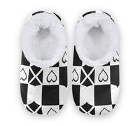 Amooorous Black White Checkered Pattern Hearts Anti-Slip Rubber Sole Slippers for Womens Mens Coral Fleece Soft House