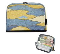 Amooorous Blue and Gold Japanese Waves and Clouds Pencil Pen Case Large Capacity Pen Case Wide Opening Stationery Pencil Case for College Student High School Supplies lapiceras para ninas