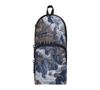 Amooorous Blue and Gold Smoke Wreathed Landscape Nylon 3 Compartments Big Pencil Bags Big Capacity Slot Pencil Case Stationery Organizer for Student College 1600ml