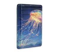 Amooorous Blue Flash Mysterious Flying Jellyfish Leather Slim Wallets with ID Window RFID Blocking Money Clip with Card Holder for Men and Women billetera para Hombre
