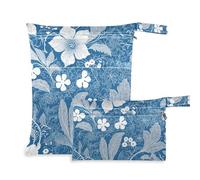 Amooorous Blue White Boho Flowers Bloom zippered bags for swimsuits 2 Pack wet bag for swimsuit with handles for pool, gym