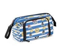 Amooorous Blue White Striped Coastal Pirate Skeleton Pencil Pouches Large Capacity Cute School Supply with Zipper for Teen Girls College
