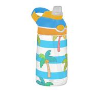 Amooorous Blue White Striped Coconut Palm Water Bottle Kids with Silicone Straw Portable Gym Water Bottle for Travel, Camping, Bike botellas para agua termica