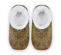 Amooorous Boho Green and Red Mandala Merry Christmas Anti-Skid Sole Womens Mens Slippers Coral Fleece Travel Slippers for
