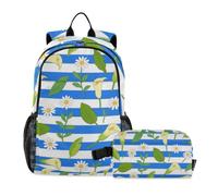 Amooorous Bookbag With Lunchbox For Girls Blue White Striped Calla Lily Daisy Flower 10-12