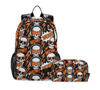Amooorous Bookbag With Lunchbox For Girls Cool Skull Sunglasses Rock Music Orange 7-10