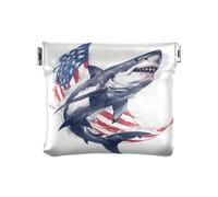 Amooorous Cartoon Great White fish sea 4th Of July Independence Day PU Leather Small Coin Waterproof Makeup Bag Change Purse for Men Women Travel, cartoon Great White fish sea 4th of July Independence