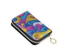 Amooorous Colorful Waves Lines Hand Drawn Doodle Style Leather Credit Card Wallet for Men with 2 Cash Slot RFID Blocking Women's Card Cases carteras para Mujer