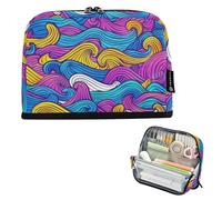 Amooorous Colorful Waves Lines Hand Drawn Doodle Style Pencil Carrying Case Large Capacity Make Up Bags with Slot Stationery Pencil Case for Men High School estuche para lapices