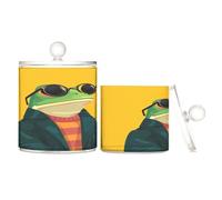 Amooorous Crazy Animal Frog Yellow Clear Plastic storage boxes with lid Dresser Essentials Decorative small storage bins for Cotton Swabs,Cotton Pads,Floss Picks,Paper Clips,Hair Clips 2 Pack