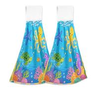 Amooorous Cute Cartoon Colorful Turtle and animal sea decorative hanging loop hand towel set of 2 hand towel washcloth white dish rags