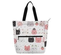 Amooorous Decorative Book Bag Art Tote Bag for Boys Girls Adults, Cartoon Cute Cat Face White Large Library Book Tote Shopping Bag with Zipper Handles for School Shopping Travel Rainbow bolsos para