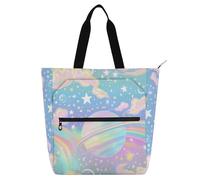 Amooorous Decorative Book Bag Art Tote Bag for Kids Students Adults, Pastel Sky Rainbow Stripes Water-resistant Reusable Grocery Bag with Zipper Pockets for College Shopping Beach Rainbow bolsos para