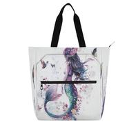 Amooorous Decorative Book Tote Bag for Kids Adults, Chic Beautiful Mermaids Purple Water-resistant Teacher Tote Bags Handbags with Inner Pockets for College Shopping Beach Rainbow para libros de
