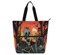 Amooorous Decorative Book Tote Bag for Kids Boys Girls, Sunset Skeleton Drink Beer Water-resistant Handbags Grocery Beach Bag with Zipper Pockets for School Shopping Beach Rainbow para libros