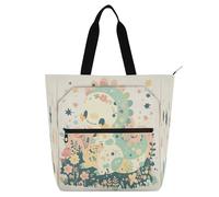 Amooorous Decorative Book Tote Bag for Kids Women Men, Cartoon Baby Dinosaur Childlike Doodle Style Pastel Colors Sturdy Girls Resuable Shopping Bag Handbag with Zipper for School Shopping Grocery