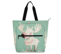 Amooorous Decorative Children's Book Tote Bag for Boys Girls Adults, Unique Moose Pastel Color Water-resistant Library Book Tote Shopping Bag with Zipper Handles for School and Playtime Rainbow bolsa