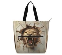 Amooorous Decorative Children's Book Tote Bag for Kids Adults, 3d Cracked Hole Angry Animal Lion Water-resistant Child Book Tote Resuable Grocery Bag Handbag for College Shopping Beach Rainbow para
