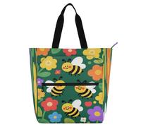 Amooorous Decorative Cute Book Tote Bag for Kids Women Men, Lovely Safari Bee Flower Large Reusable Grocery Bag with Zipper Pockets for School Shopping Grocery Rainbow tela para