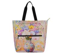 Amooorous Decorative Kid Tote Bag for Kids Adults, Flower in Vase Pastel Background Waterproof Library Book Tote Bag Shoulder Bag with Pockets for School Shopping Travel Rainbow para libros