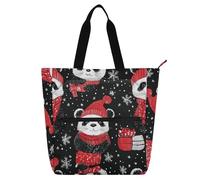 Amooorous Decorative Kid Tote Bag for Kids Students Adults, Cartoon Cute Black Christmas Panda Lightweight Reusable Grocery Beach Bag with Zipper for School and Playtime Rainbow mochilas para