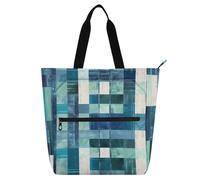 Amooorous Decorative Kid Tote Bag for Kids Students Adults, Square Geometric Plaid Stripe Embroidery Robin Blue Lightweight Reusable Book Bag Grocery Bag with Zipper for School Shopping Travel