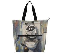 Amooorous Decorative Kids Book Tote for Boys Girls Adults, Cartoon Cute Gray Raccoon Reads The Newspaper Sturdy School Beach Bag Shopping Bag with Zipper for School and Playtime Rainbow dela para