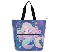 Amooorous Decorative Kids Book Tote for Boys Girls Adults, Chibi - Style Cute Mermaid Pastel Color Sturdy Girls Resuable Shopping Bag Handbag with Zipper for School Shopping Beach Rainbow bolsa para