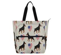 Amooorous Decorative Kids Book Tote for Kids Boys Girls, 4th Of July Independence Day Brown Doberman Water-resistant School Beach Bag Shopping Bag with Zipper for School Shopping Travel Rainbow para