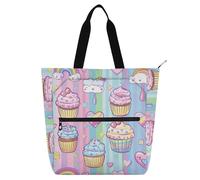 Amooorous Decorative Kids Cute Tote Bags for Kids Women Men, Cartoon Pastel Cakes Rainbow Stripes Water-resistant Library Book Tote Bag Shoulder Bag with Pockets for School Shopping Grocery Rainbow
