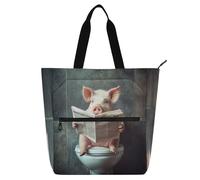 Amooorous Decorative Kids Cutote Bags for Boys Girls Women, Cartoon Cute Pink Pig Reads The Newspaper Large Children Activity Bag Art Tote Bag with Zipper for College Shopping Beach Rainbow bolsos