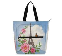 Amooorous Decorative Kids Cutote Bags for Kids Students Adults, Romantic Parisian Iron Tower with Flowers Blue Waterproof School Beach Bag Shopping Bag with Zipper for College Shopping Beach Rainbow