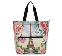 Amooorous Decorative Kids Tote Bag Piano Book Bag for Kids Students Adults, Romantic Parisian Iron Tower with Flowers Blue Water-resistant Handbags Grocery Bag with Zipper for School Shopping Beach